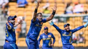 England scores their lowest ODI World Cup score against Sri Lanka.